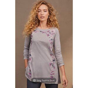 Pure Jill Embroidered Floral Dipped Hem Boat Neck Tunic Top Gray Medium Petite